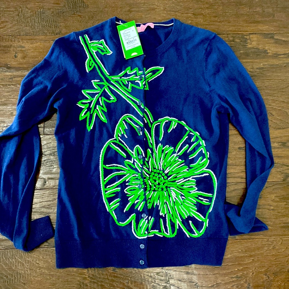 Lilly P navy cardigan with green flower